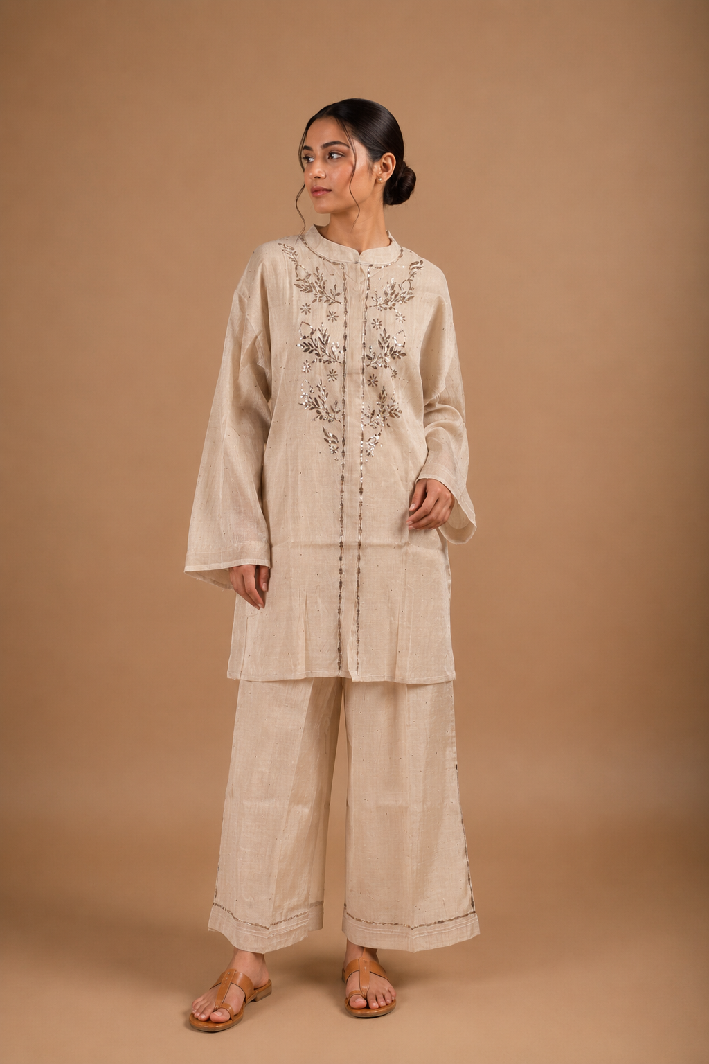 Golden Mukaish Work Semi-Stitched Coord Set in Mul Chanderi