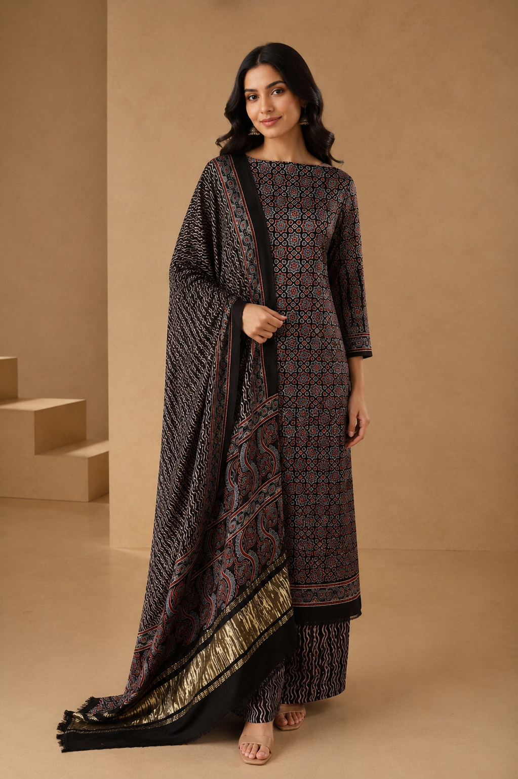 Black Ajrakh Hand Block Print Unstitched 3-Piece Suit Set in Modal Satin