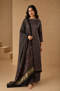 Black Ajrakh Hand Block Print Unstitched 3-Piece Suit Set in Modal Satin