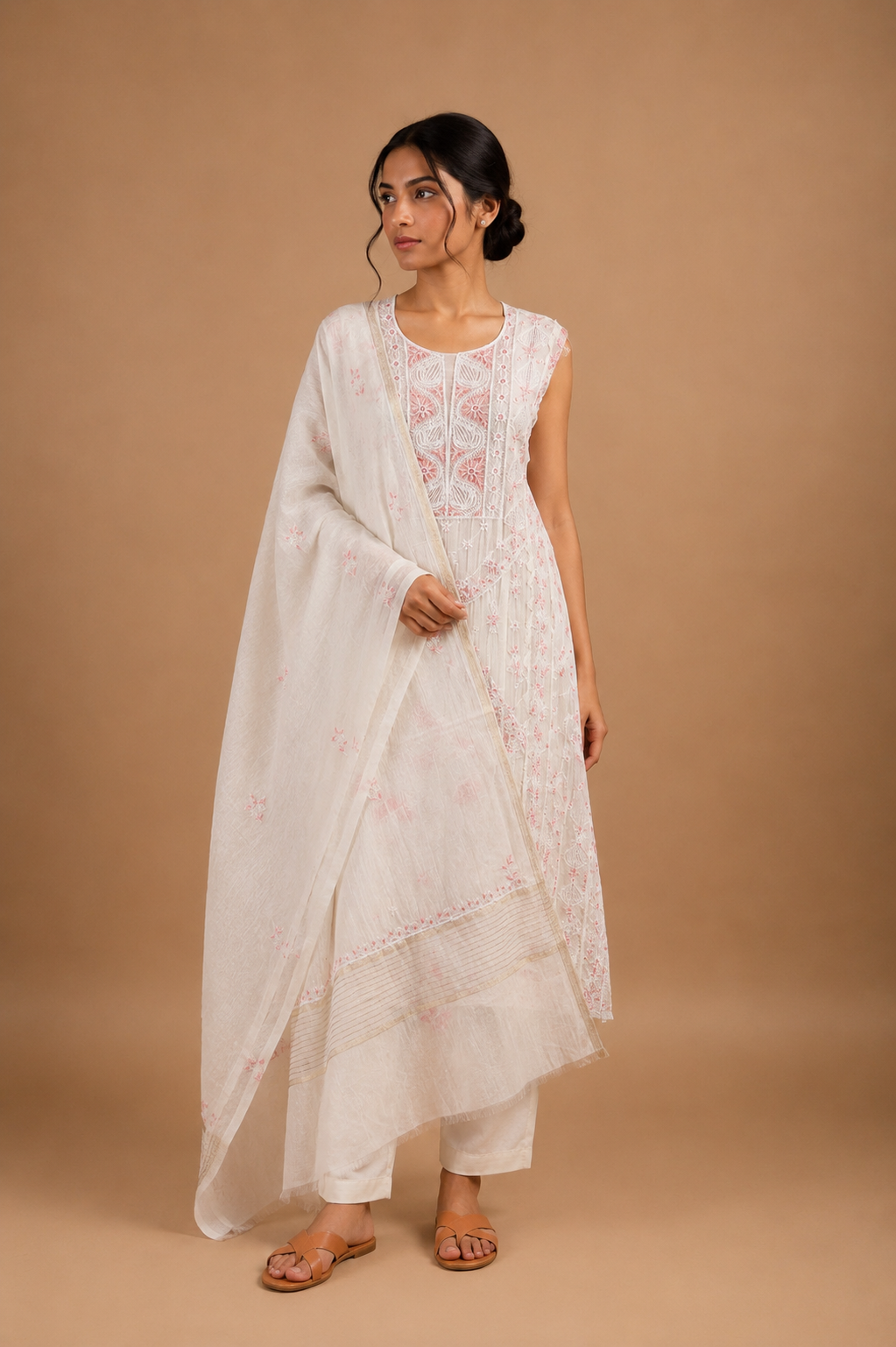 White Unstitched 2-Piece Suit Set with Peach Chikankari Embroidery in Mul Chanderi