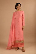 Peach Jamdani Unstitched Suit Set with Hand Embroidery