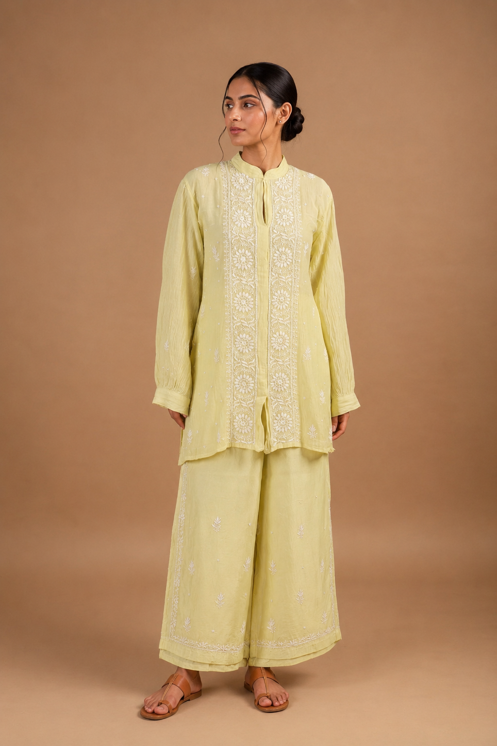 Lime Chikankari semi stitched coord sets