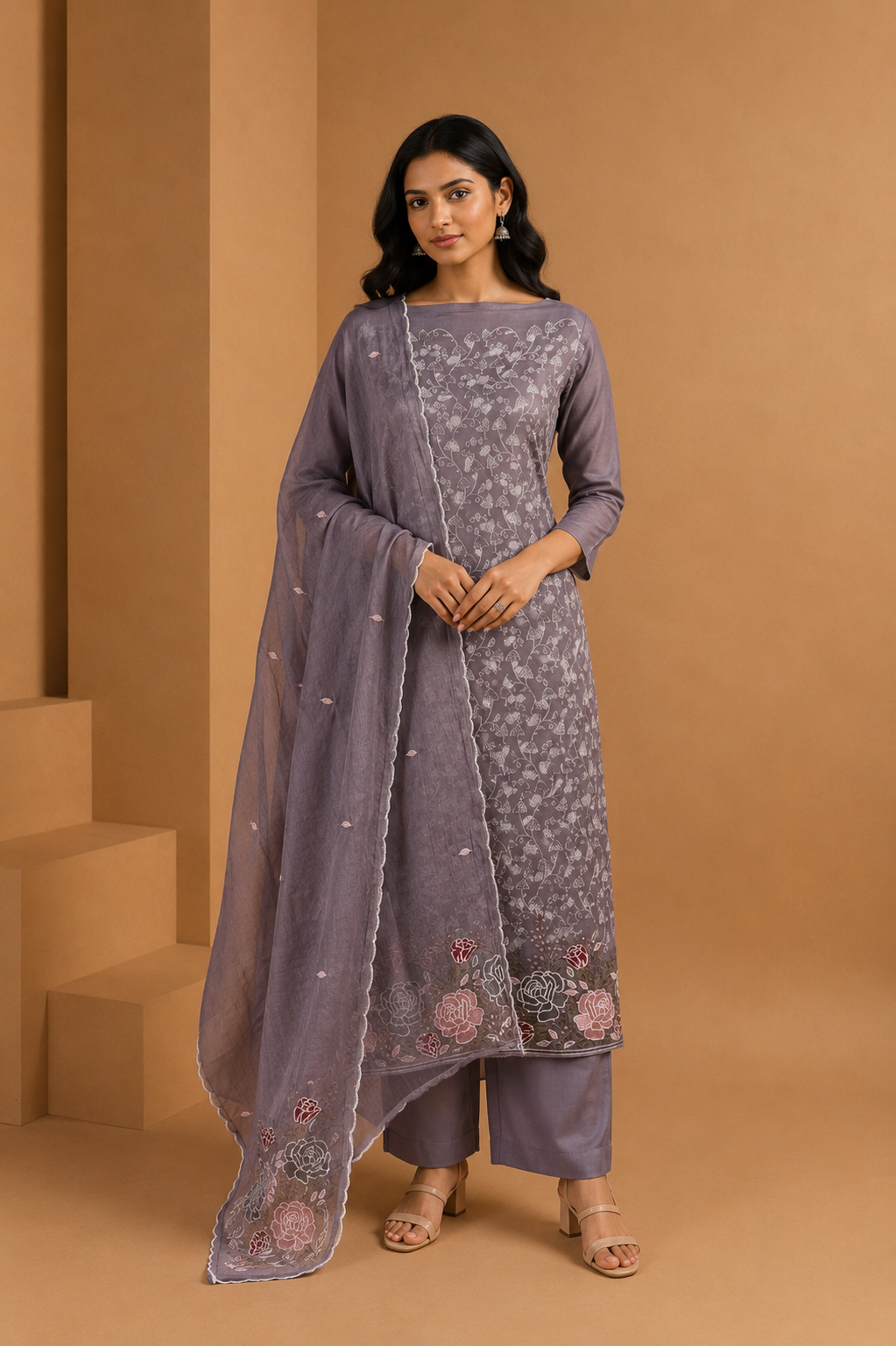 Lavender Thread Embroidered Unstitched 3-Piece Suit Set in Mul Chanderi