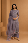 Lavender Thread Embroidered Unstitched 3-Piece Suit Set in Mul Chanderi