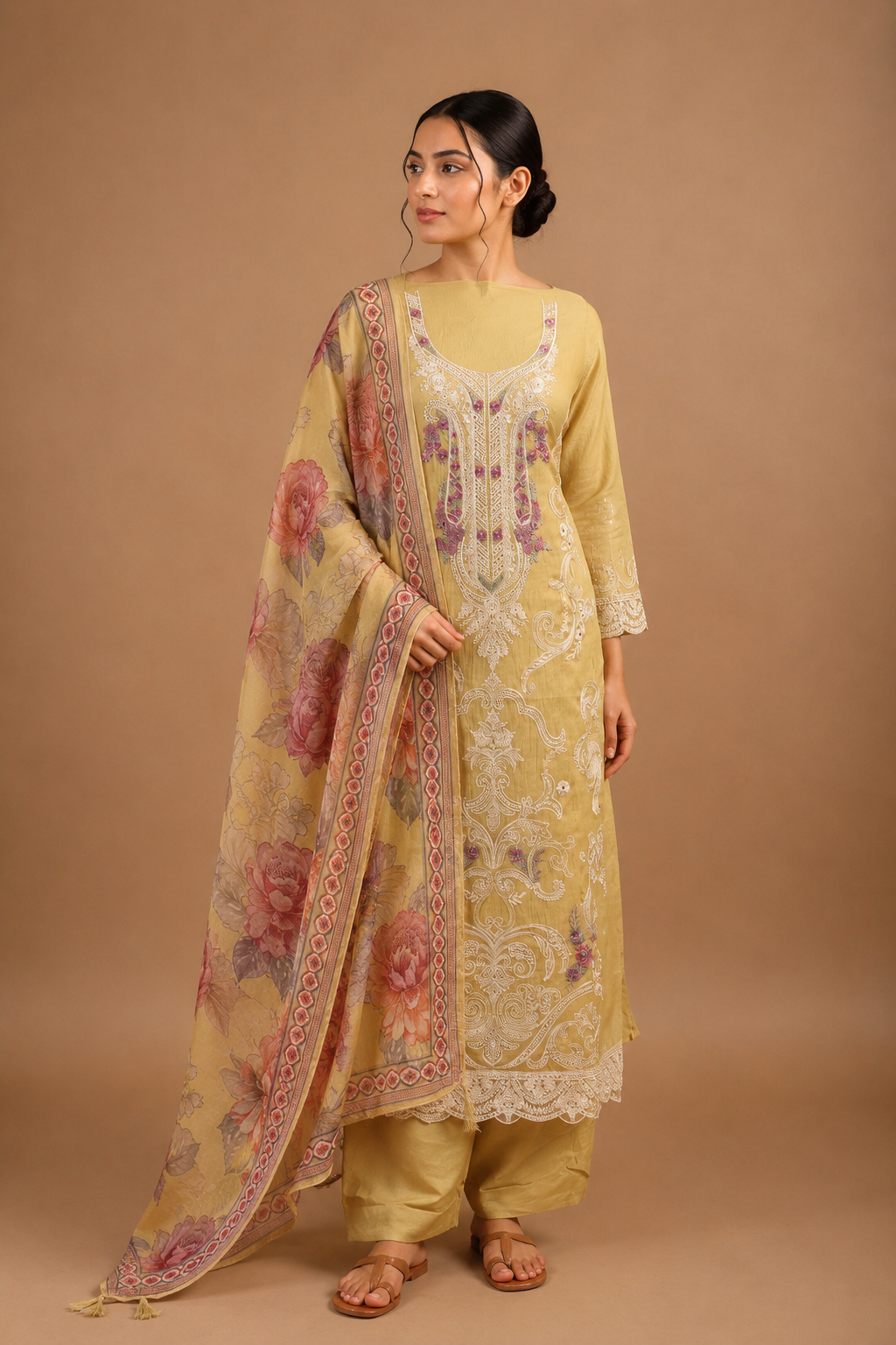 Lemon Yellow Multi-Colour Embroidered Unstitched 3-Piece Suit Set in Mul Chanderi