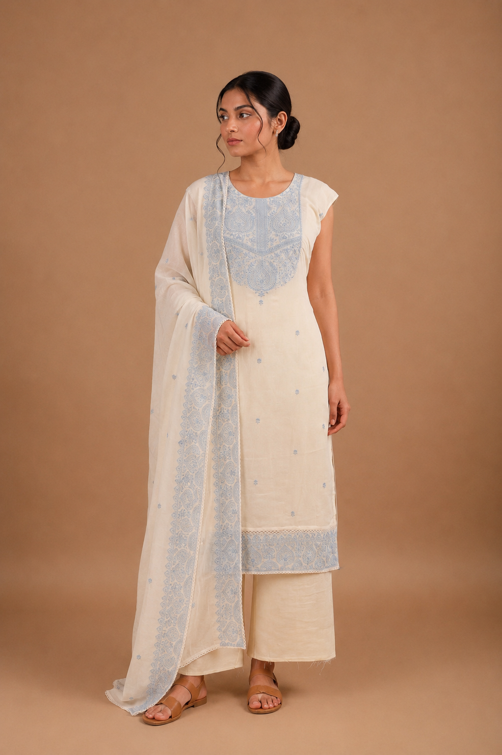 Mul Chanderi Suit Set with Intricate Embroidery & Lace Detailed Dupatta