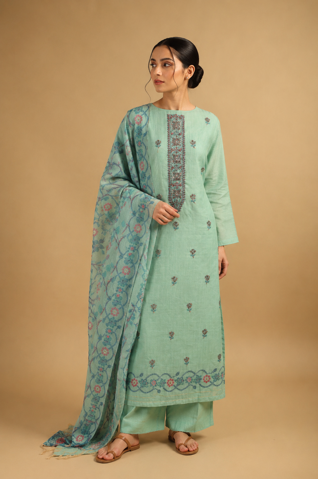 Rama Green Jamdani Unstitched Suit Set in Chanderi with Embroidery