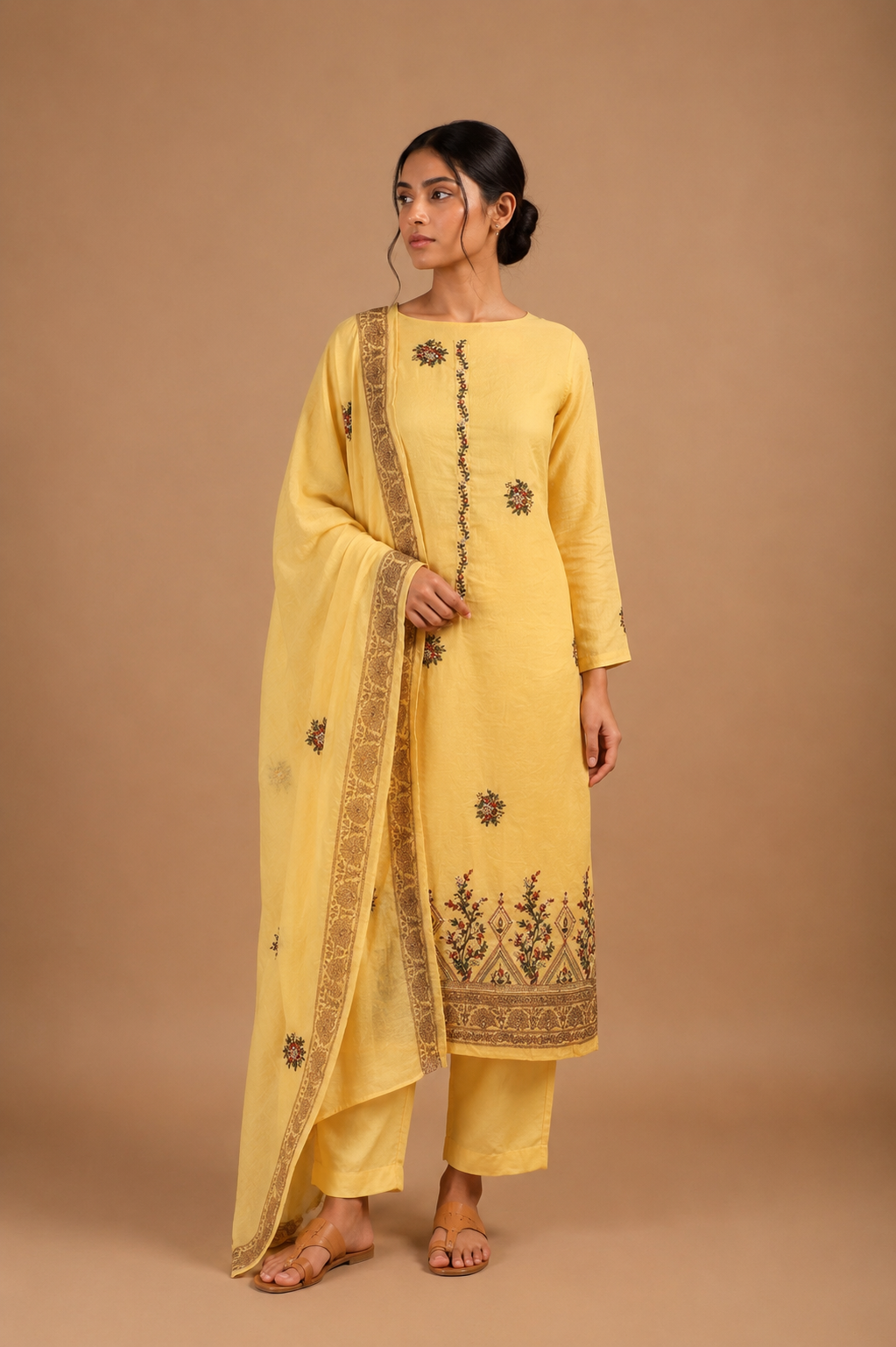 Yellow Thread Embroidered Unstitched 3-Piece Suit Set in Mul Chanderi