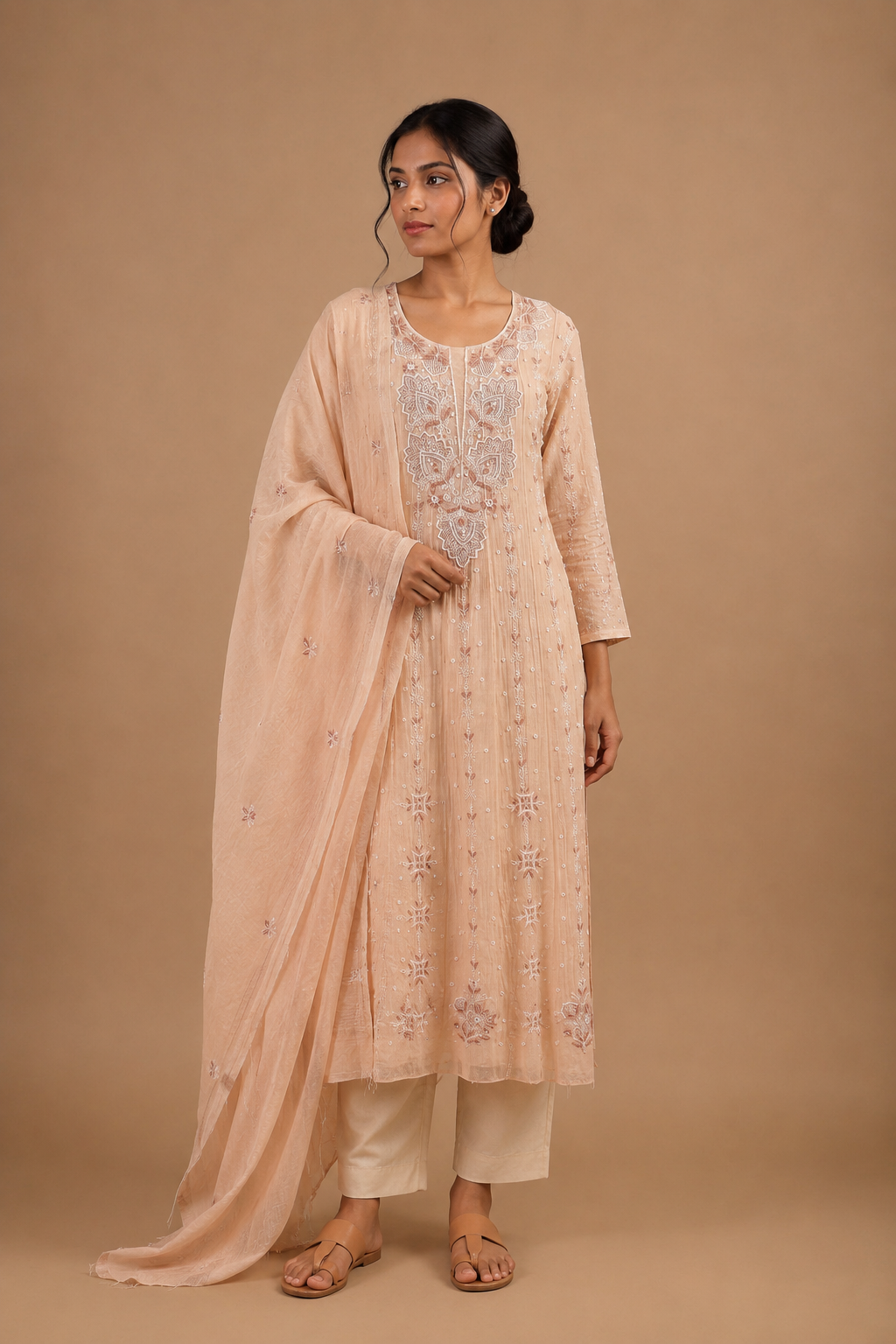 Peach Chikankari Anarkali Unstitched 2-Piece Suit Set in Mul Chanderi