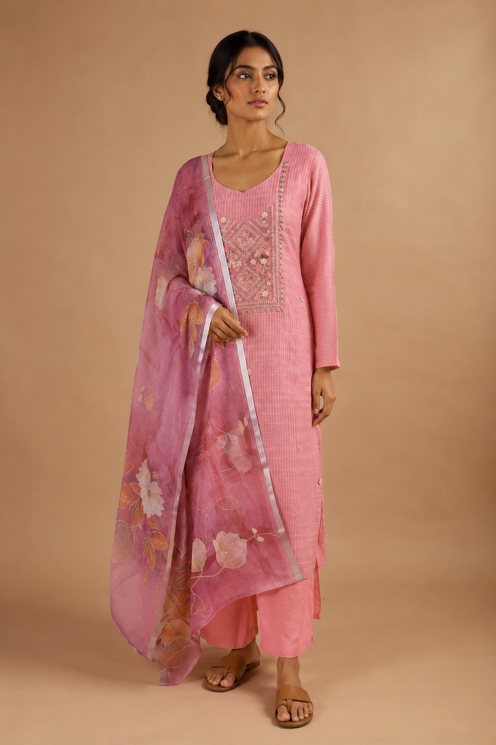 Pink Jamdani Unstitched Suit Set in Chanderi with Embroidery