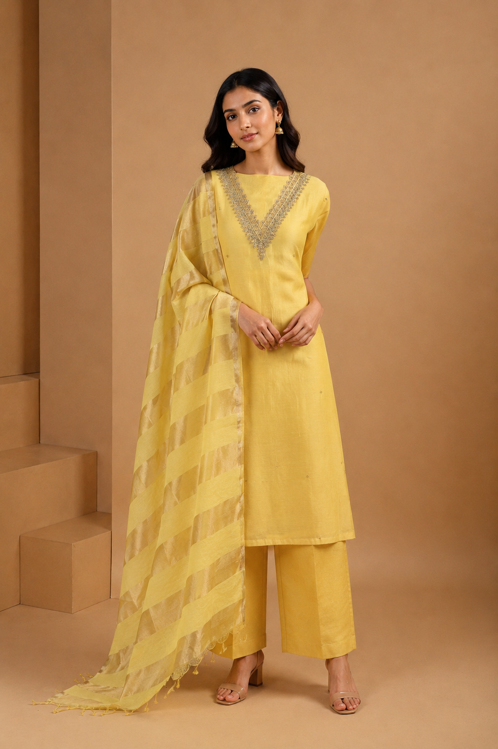 Yellow Hand Embroidered Unstitched Chanderi Suit Set with Gold Tissue Striped Dupatta