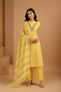 Yellow Hand Embroidered Unstitched Chanderi Suit Set with Gold Tissue Striped Dupatta