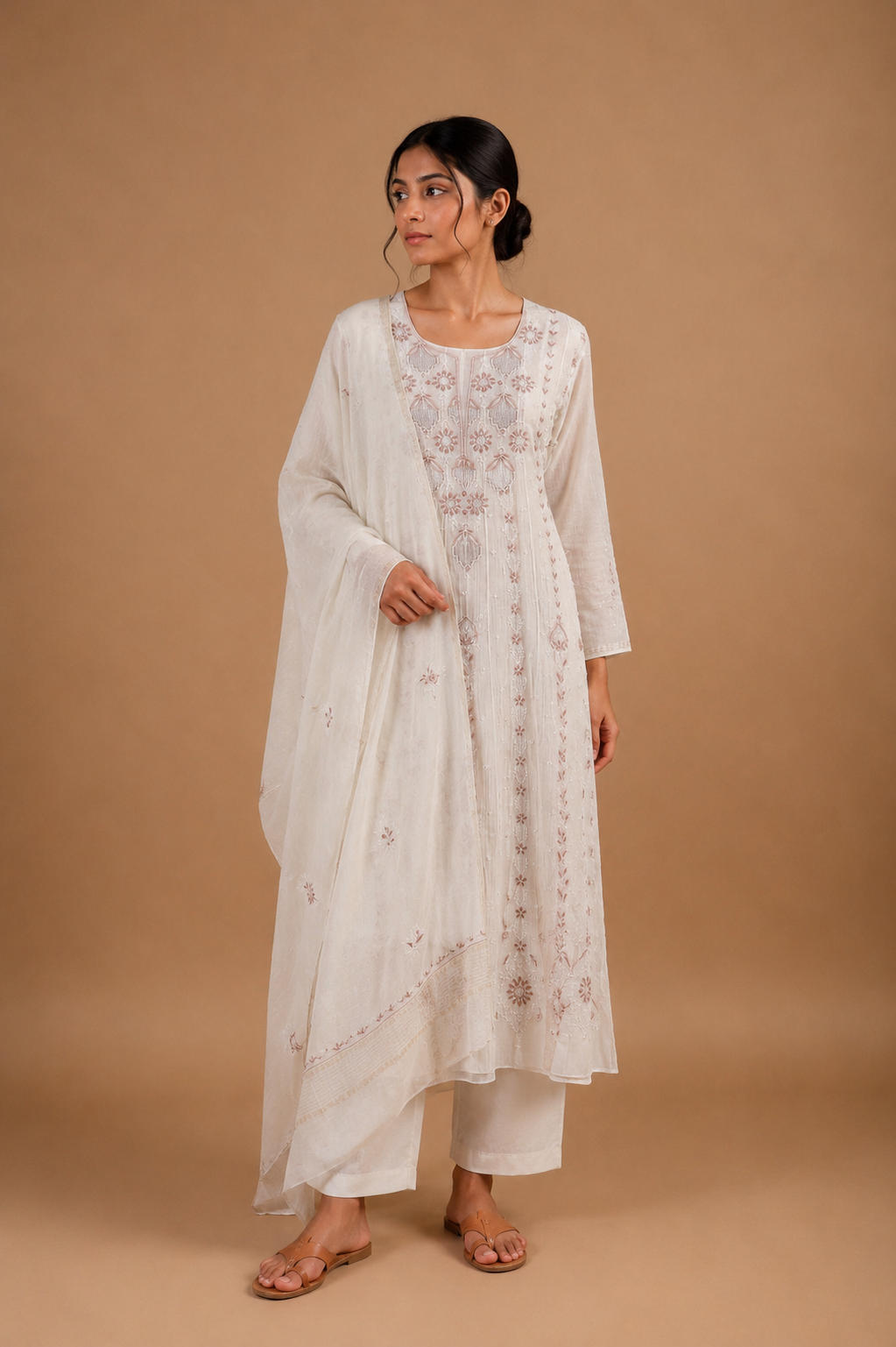 White Anarkali Style Chikankari Unstitched 2-Piece Suit Set with Brown Embroidery