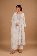 White Anarkali Style Chikankari Unstitched 2-Piece Suit Set with Brown Embroidery