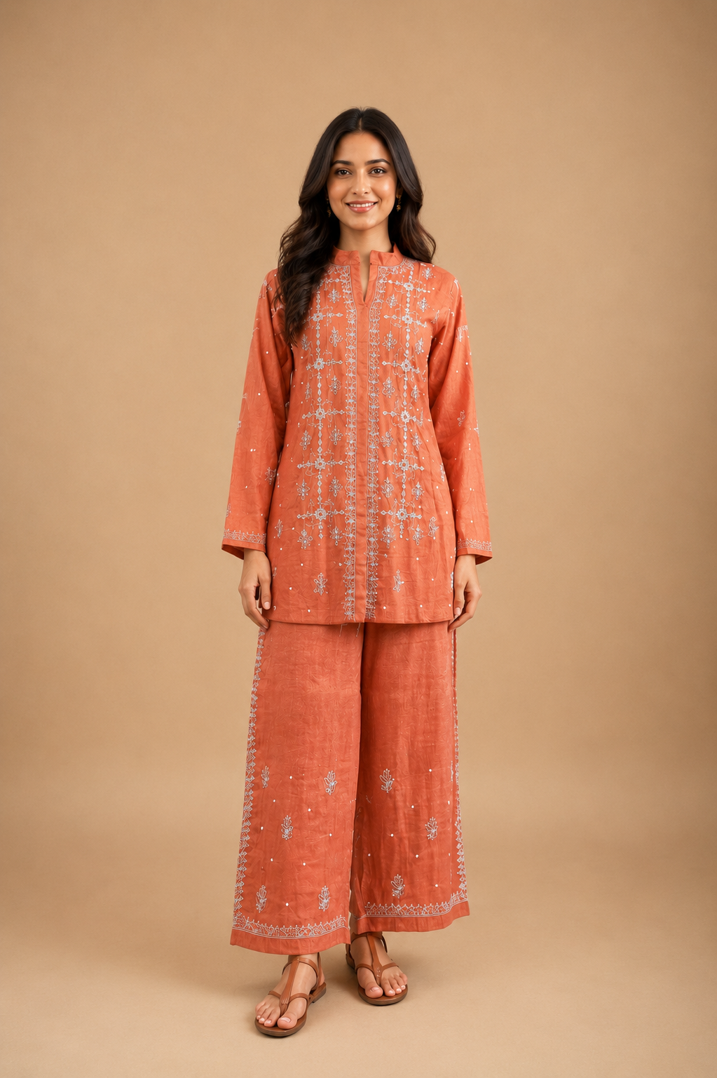 Rust Tissue Mul Chanderi Chikankari Co-ord Set | Semi-Stitched 2-Piece Set