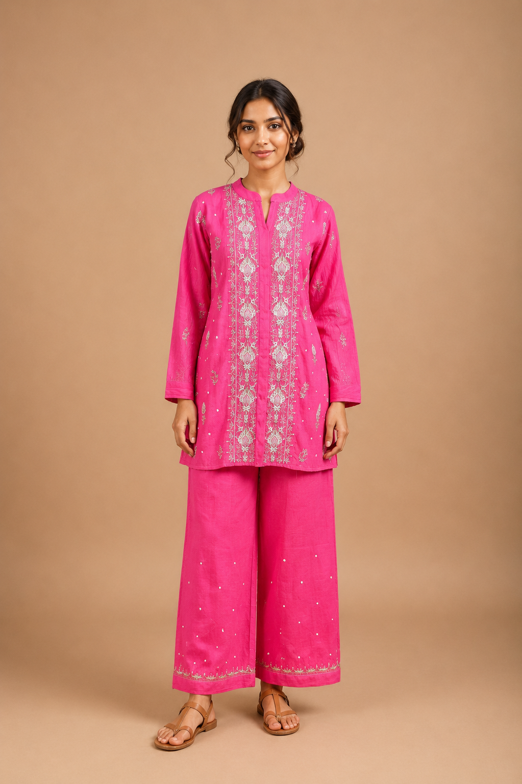 Pink Mul Chanderi Chikankari Co-ord Set | Semi-Stitched 2-Piece Set