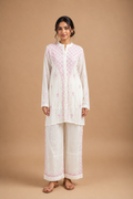 White Mul Chanderi Chikankari Co-ord Set with Pink Embroidery | Semi-Stitched 2-Piece Set