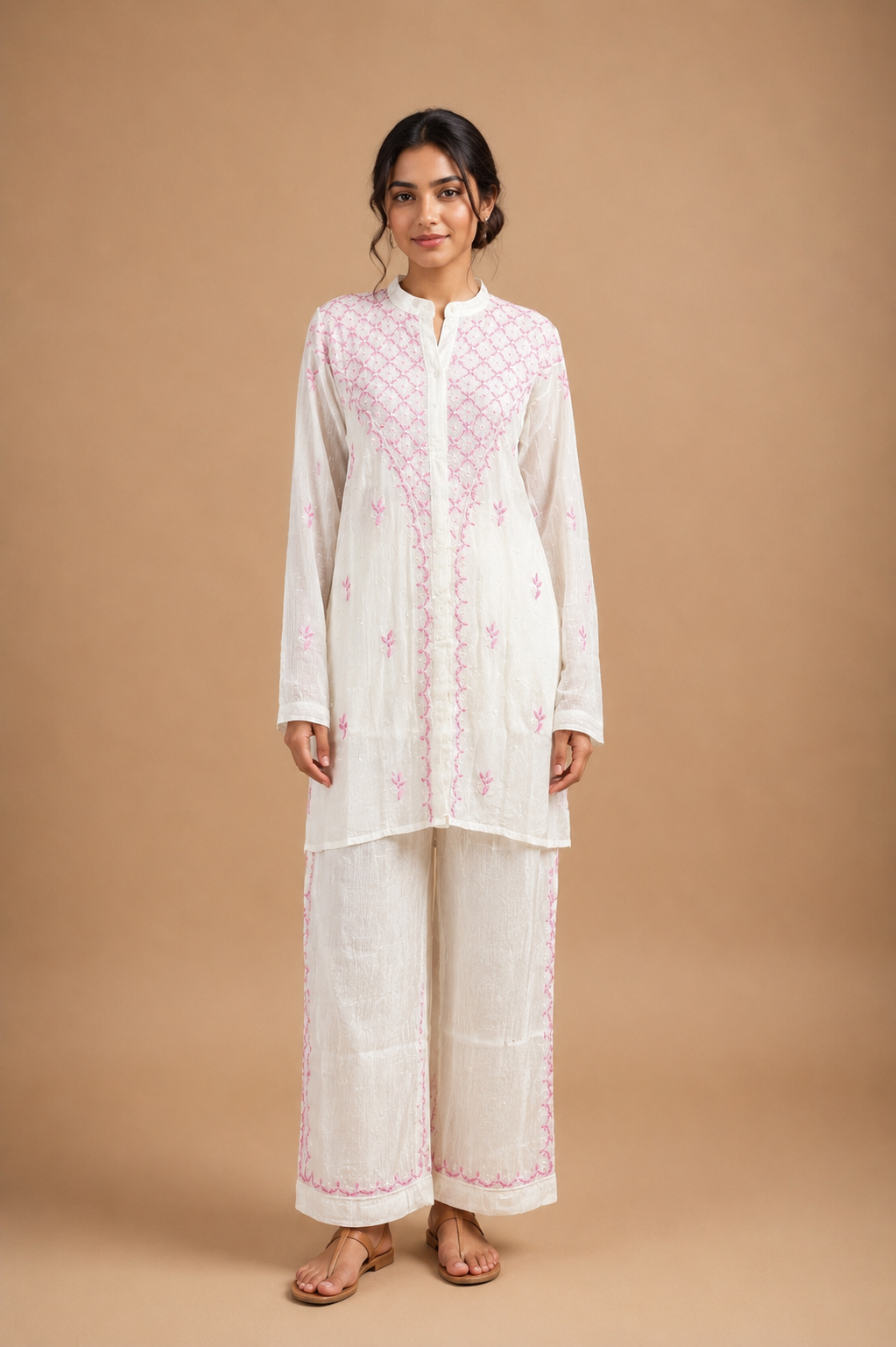 White Mul Chanderi Chikankari Co-ord Set with Pink Embroidery | Semi-Stitched 2-Piece Set
