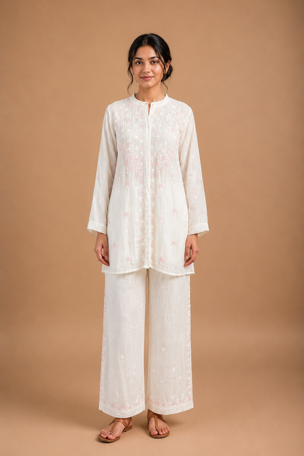 White & Light Pink Mul Chanderi Chikankari Co-ord Set | Semi-Stitched 2-Piece Set