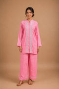 Pink Weave Booti Co-ord Set with Blue Embroidery | Semi-Stitched 2-Piece Set