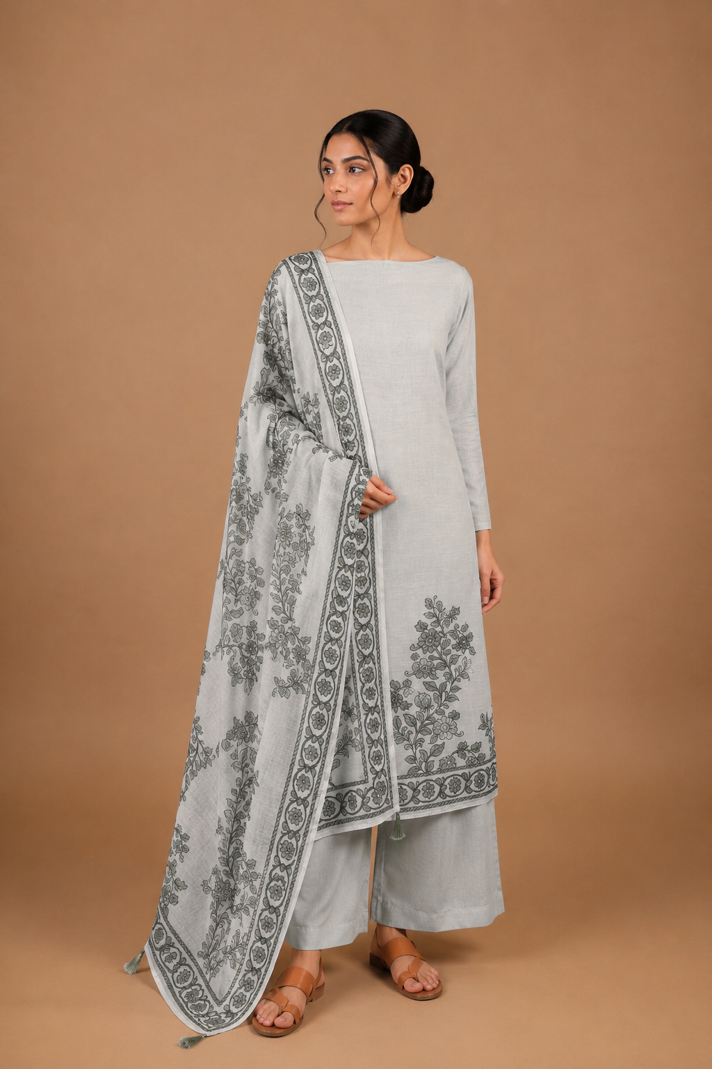 Powder green Digital Printed Linen Suit Set with French Knots & Kantha Highlights