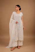White Unstitched 2-Piece Suit Set with Blue Chikankari Embroidery in Mul Chanderi