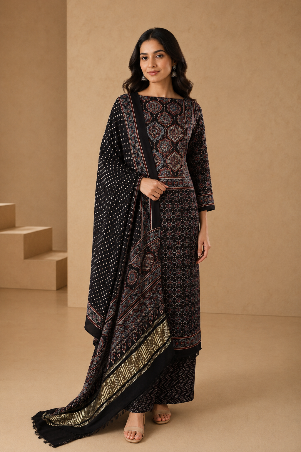 Ajrakh Hand Block Print Unstitched 3-Piece Suit Set in Modal Silk