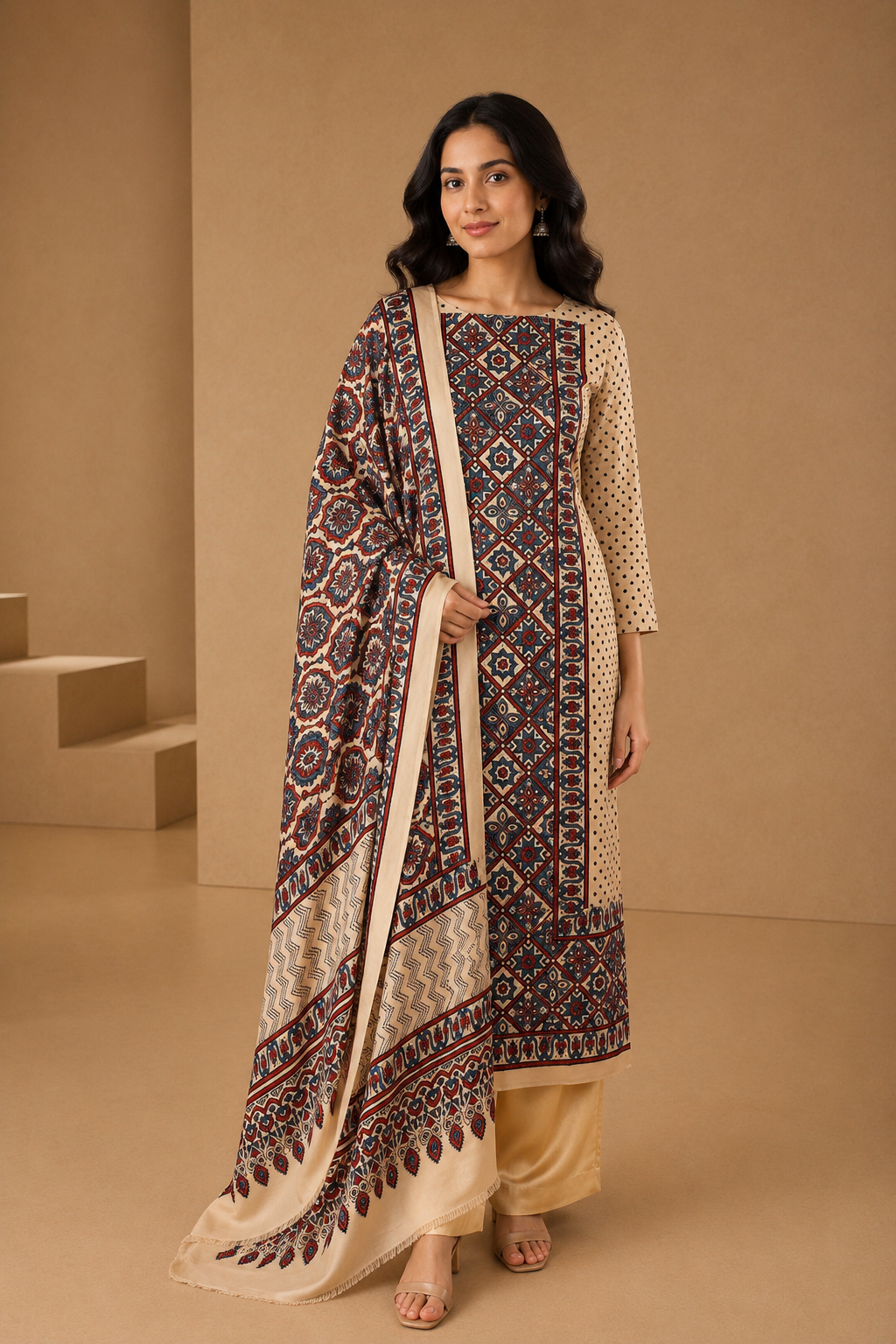 Ivory Ajrakh Hand Block Print Unstitched 3-Piece Suit Set in Modal Satin