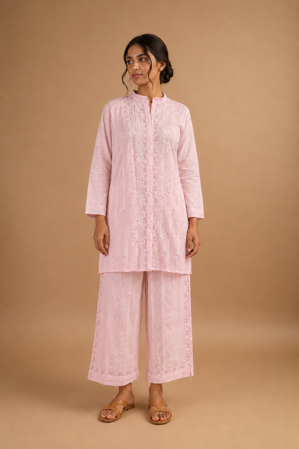 Pink Semi-Stitched Coord Set in Mul Chanderi