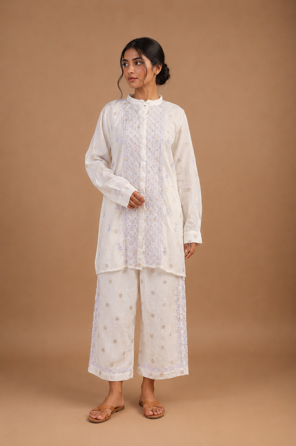 White Semi-Stitched Coord Set in Mul Chanderi with Woven Motifs & Tone-on-Tone Embroidery