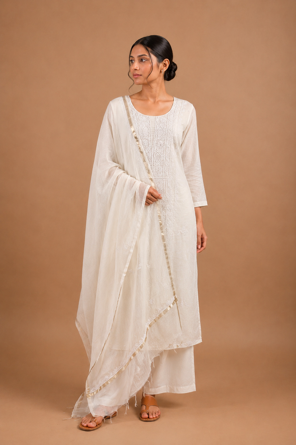 White Chikankari Embroidered Unstitched 2-Piece Suit Set in Mul Chanderi