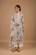 Beige Digital Printed Unstitched 3-Piece Suit Set in Linen with Lace Detailing