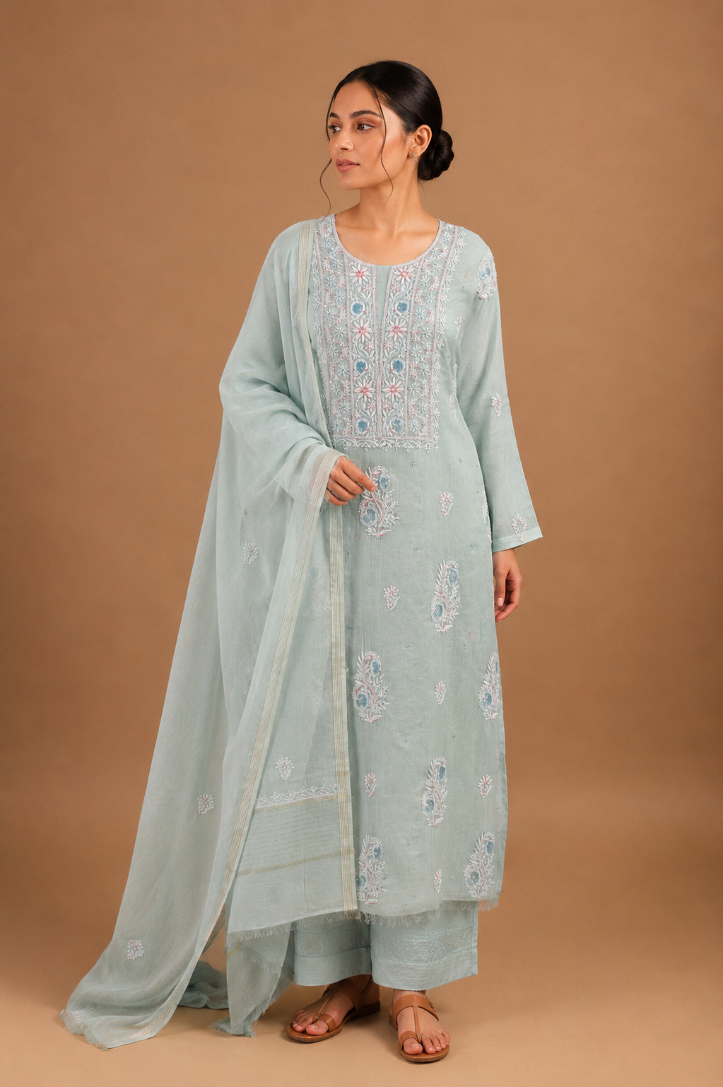 Sea GREEN CHIKANKARI SUIT IN MUL CHANDERI