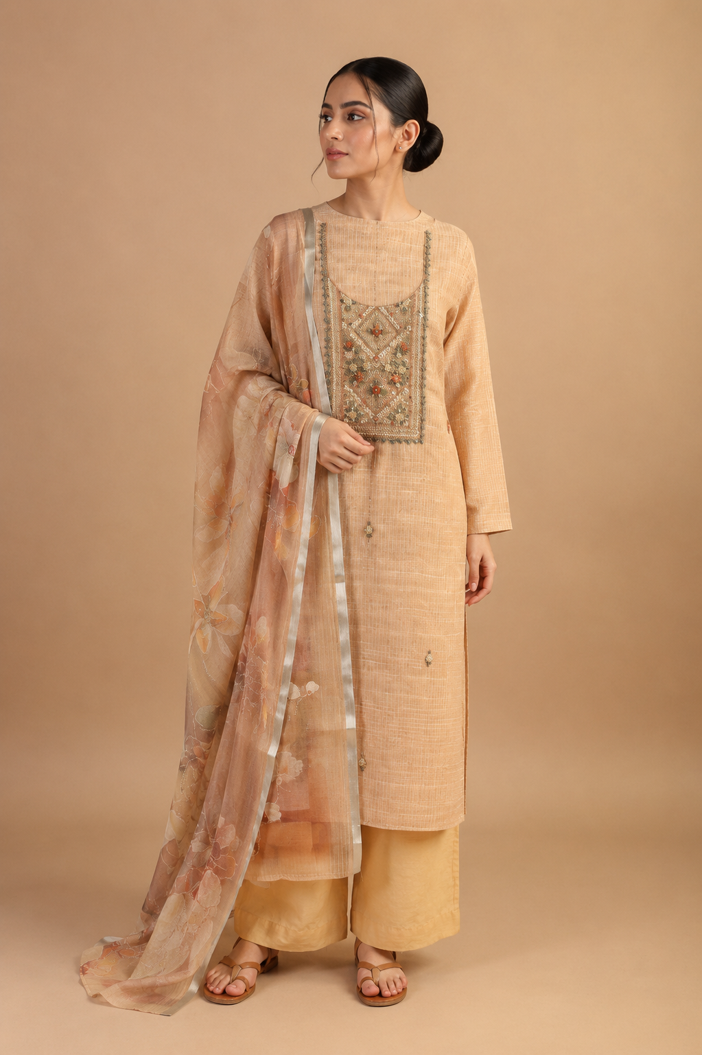 Beige Embroidered Unstitched Suit Set in Chanderi