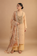 Beige Embroidered Unstitched Suit Set in Chanderi