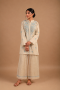 Golden Chikankari Semi-Stitched Coord Set with Blue Embroidery in Tissue Mul Chanderi