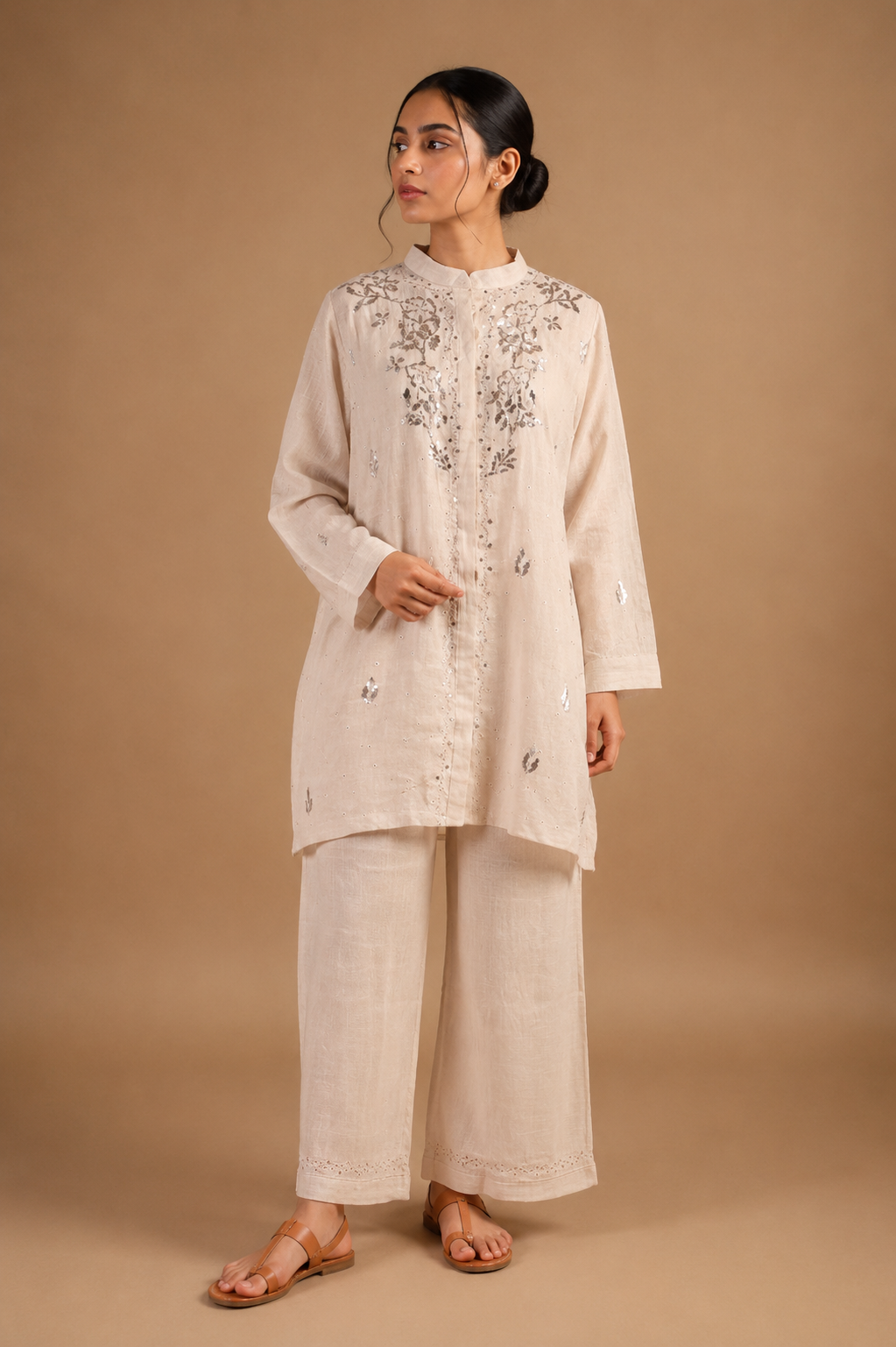 Golden Semi-Stitched Coord Set with Mukaish Work in Tissue Mul Chanderi