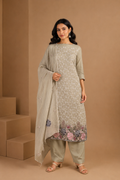 Beige Thread Embroidered Unstitched 3-Piece Suit Set in Mul Chanderi