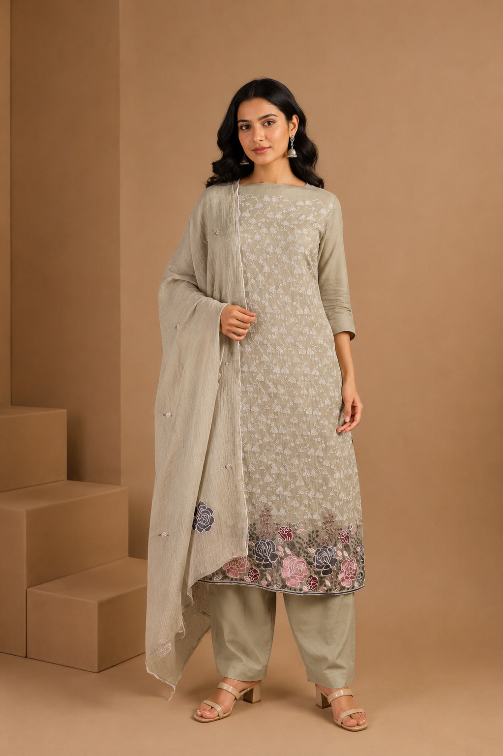 Beige Thread Embroidered Unstitched 3-Piece Suit Set in Mul Chanderi