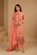 Dark Peach Multi-Coloured Embroidered Unstitched 3-Piece Suit Set in Mul Chanderi