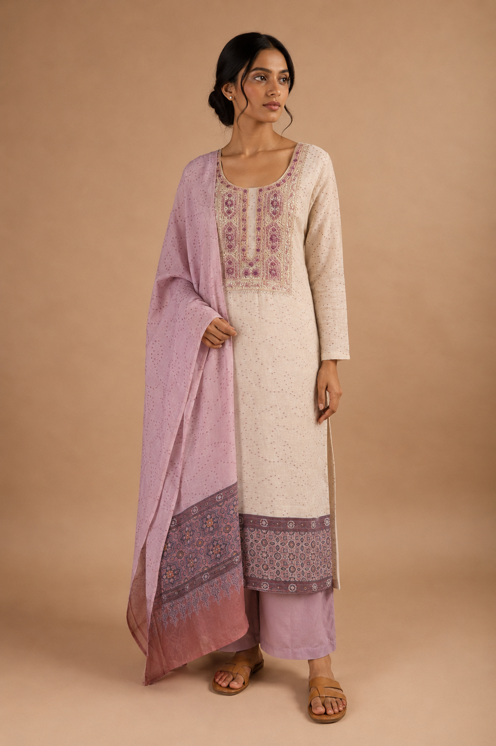 Ivory & Mauve Unstitched Suit Set in Linen with French Knots Embroidery & Digital Print Dupatta