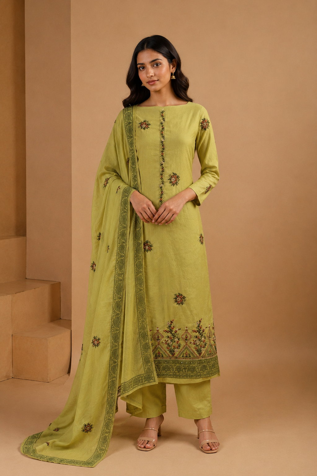 Lime Green Mul Chanderi Unstitched Suit with Multi-Colour Thread Embroidery