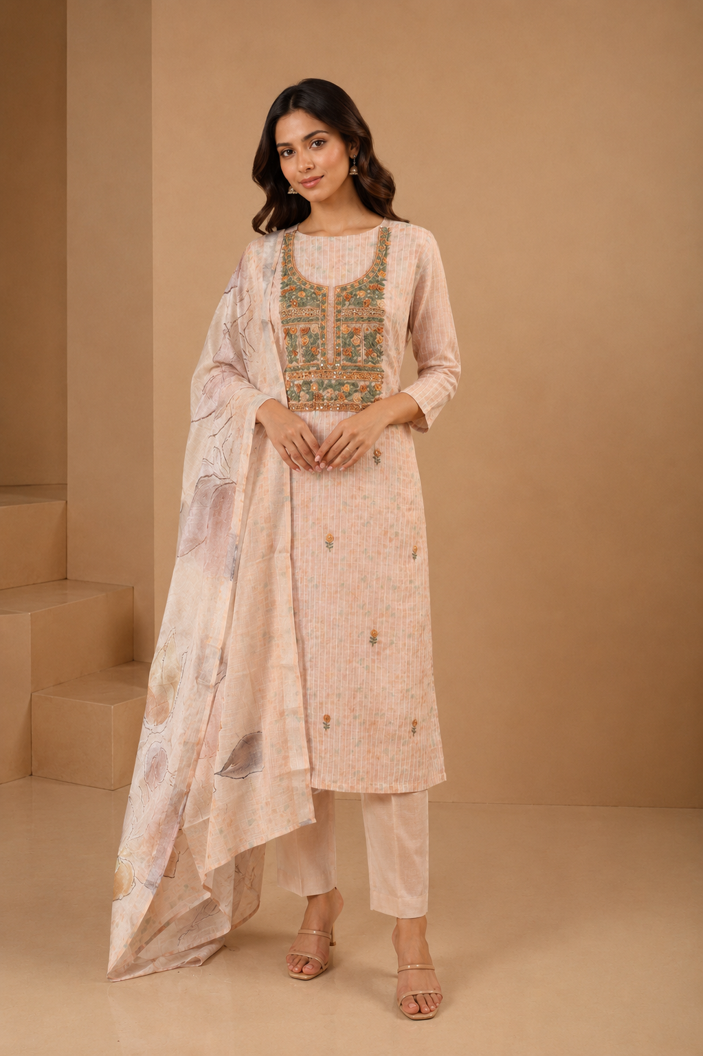 Beige Jamdani Unstitched Suit Set with French Knots Work