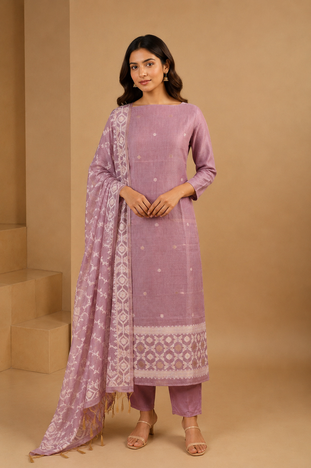 Lilac Jamdani Weave Unstitched 3-Piece Suit Set in Chanderi