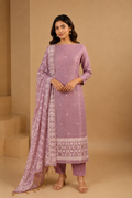 Lilac Jamdani Weave Unstitched 3-Piece Suit Set in Chanderi