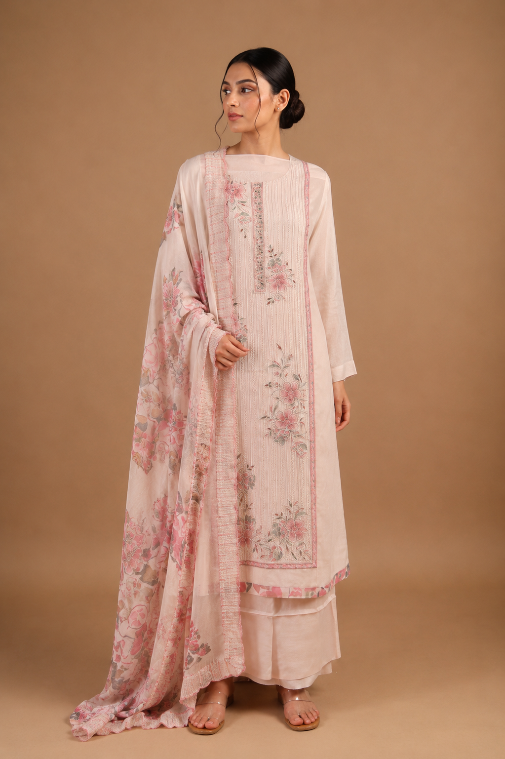 Powder Pink Mul Chanderi Three Piece Suit with Thread Embroidery