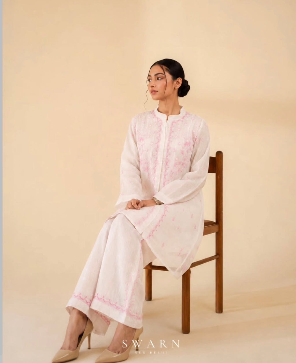 White Co-ord Set with Pink Chikankari Embroidery | Semi-Stitched 2-Piece Set
