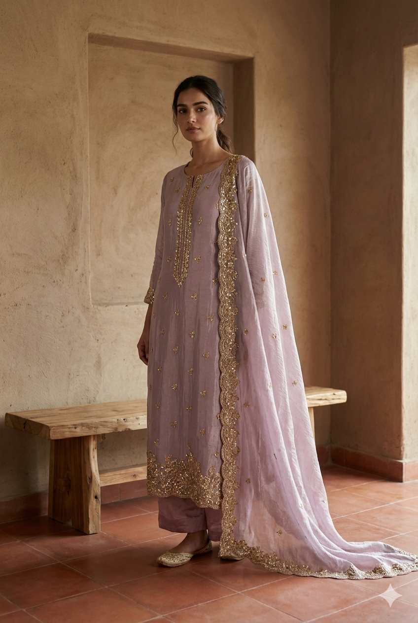 Blush Pink Organza Tissue Embroidered Kurta Dupatta Set – 3 piece