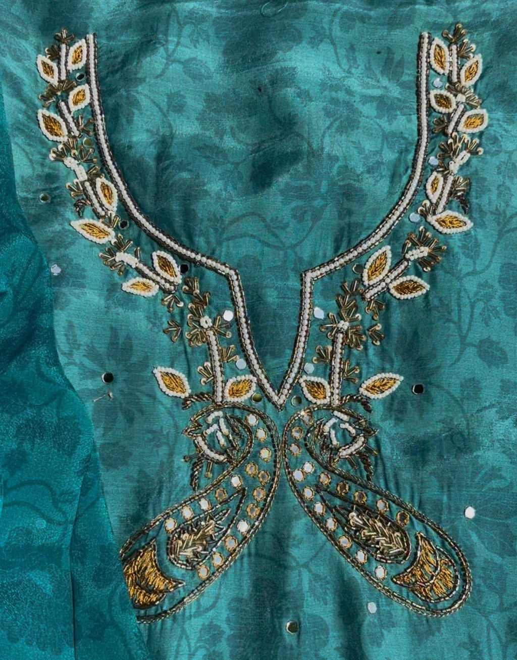 Teal Blue Digital Printed Unstitched Suit Set in Muslin with Hand Embroidery Highlights