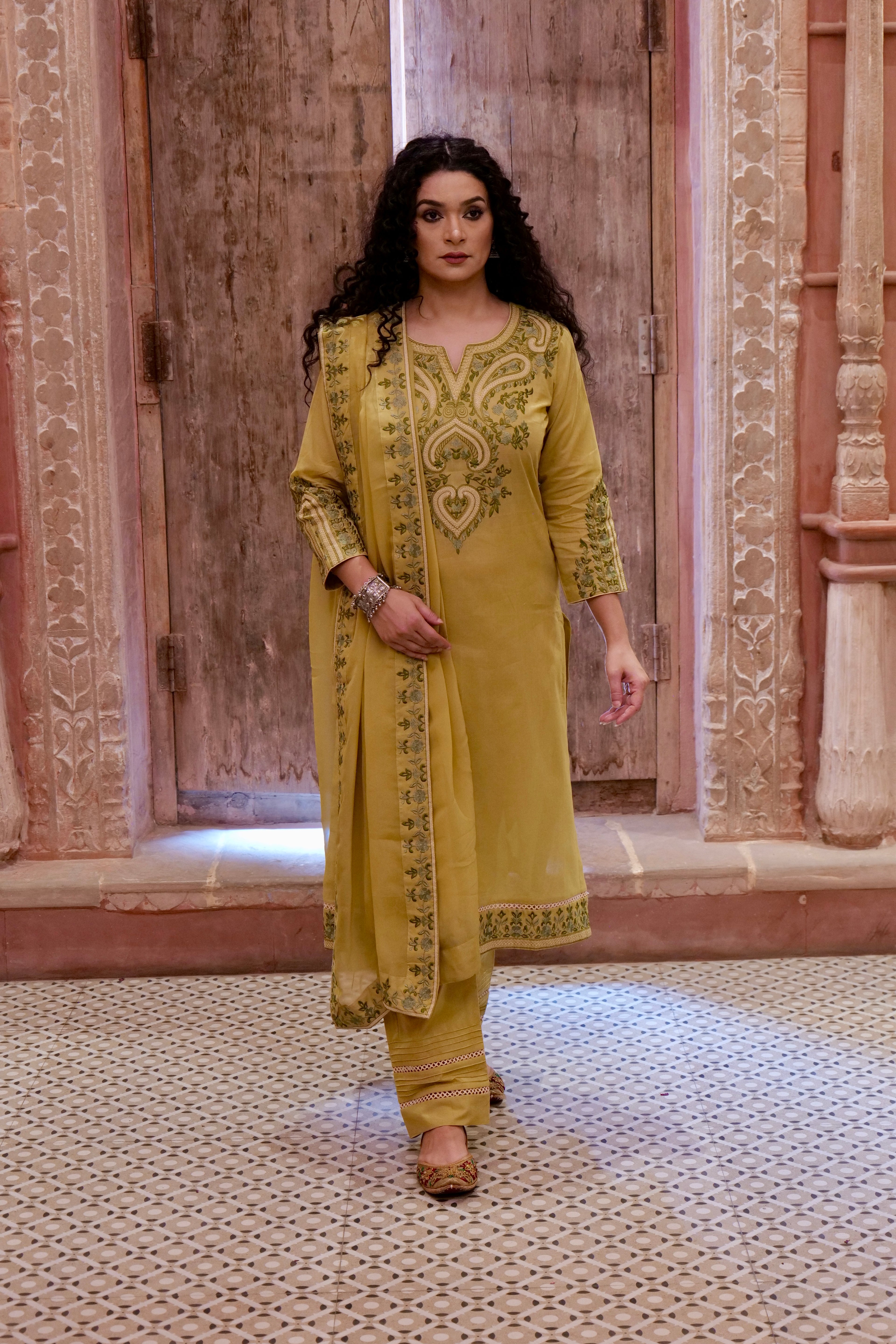 Olive Green Cotton Cambric Embroidered Kurta Dupatta Set – 3 piece